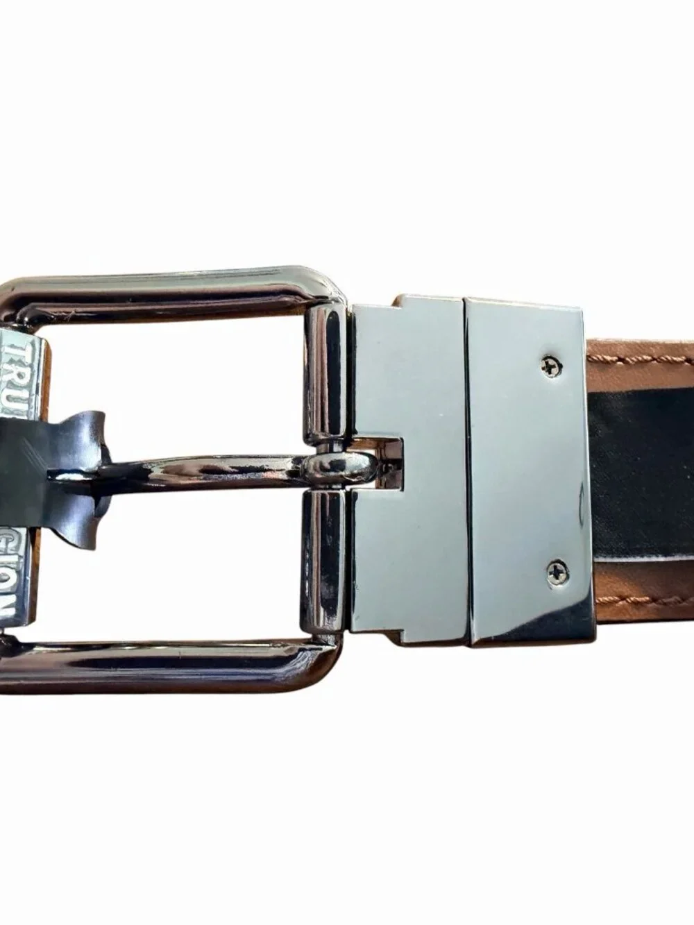 MENS TRUE RELIGION HORSESHOE BUCKLE REVERSIBLE BLACK TAN BROWN BELT 42”/ 1.5”W